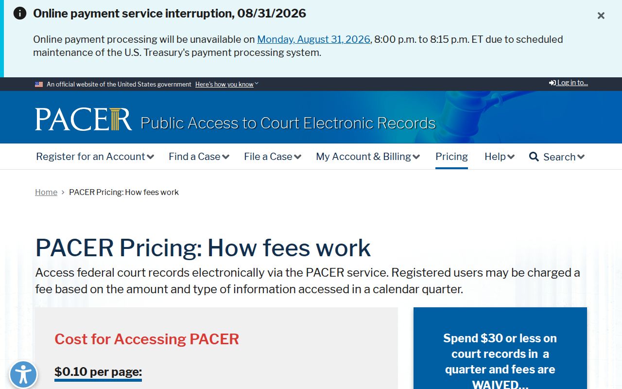 Pope County court record search PACER pricing reference