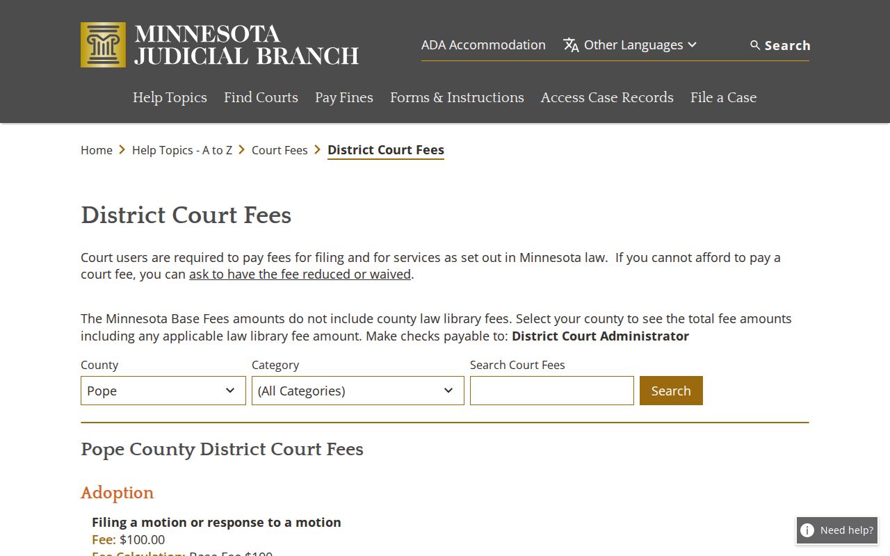 Pope County court record search fee page