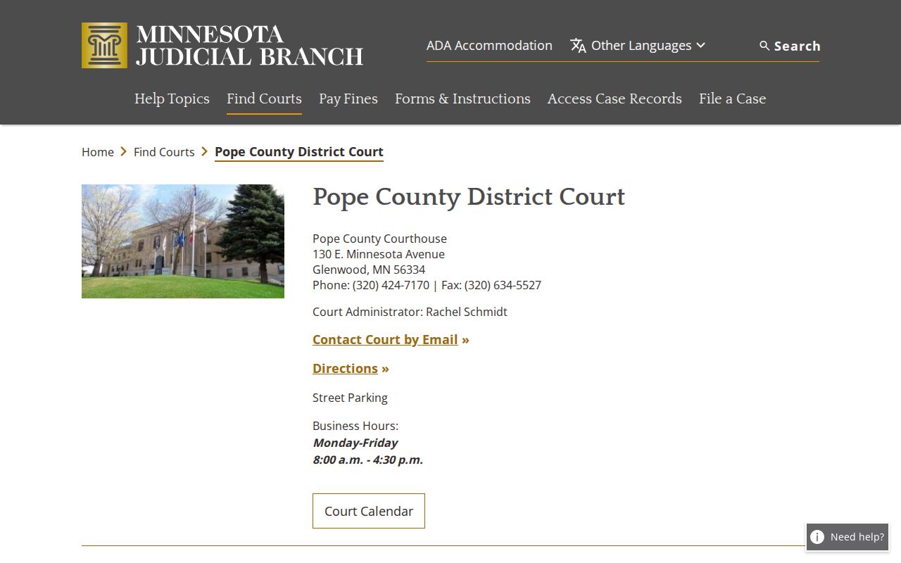 Pope County court docket District Court location and calendar information